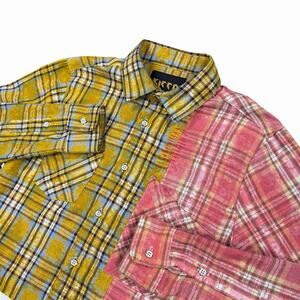 Kleep Split Plaid Flannel Shirt Men’s Medium Pink Yellow Patchwork Graphic